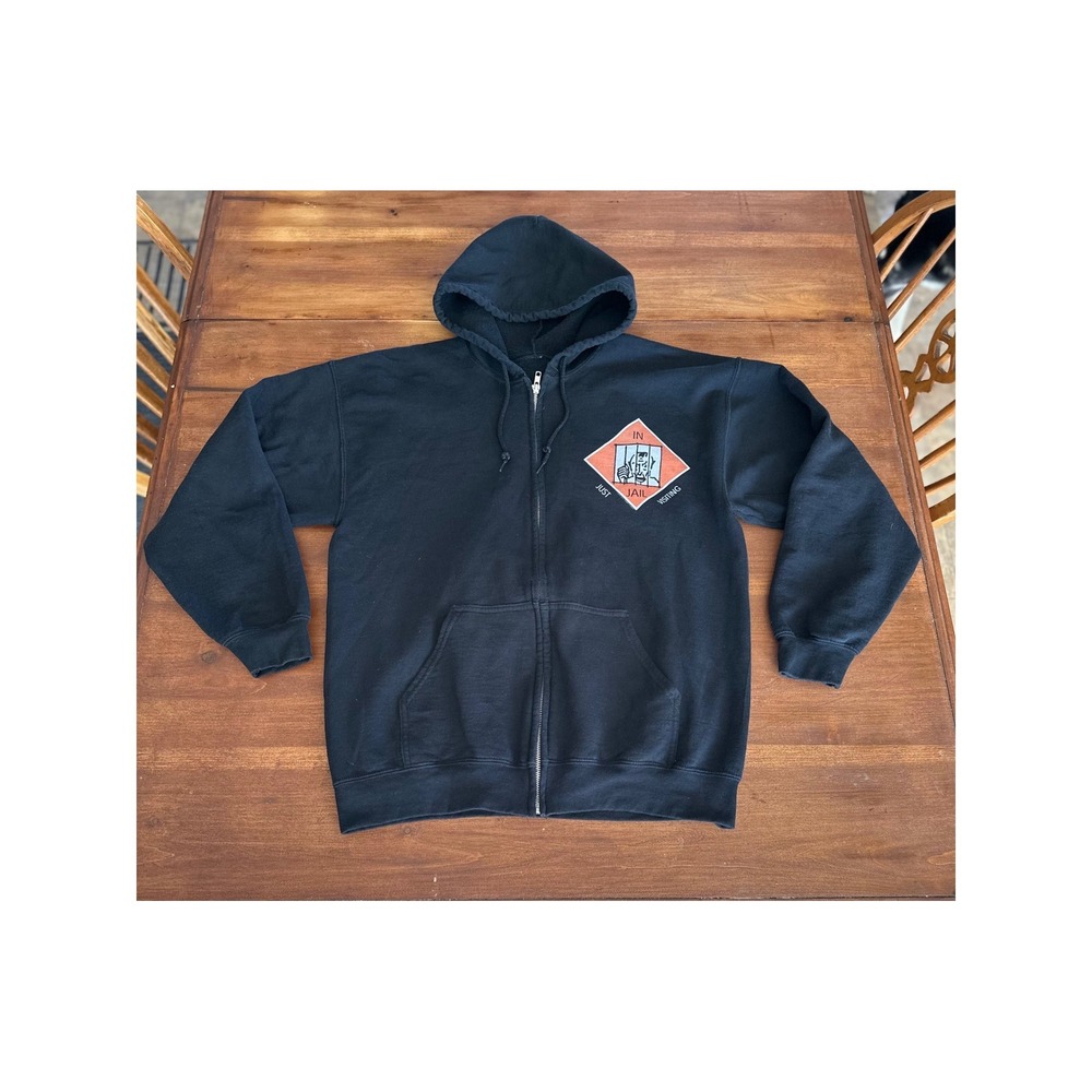 Monopoly Zip Up Hoodie Black 'Just Visiting Jail' Size Large